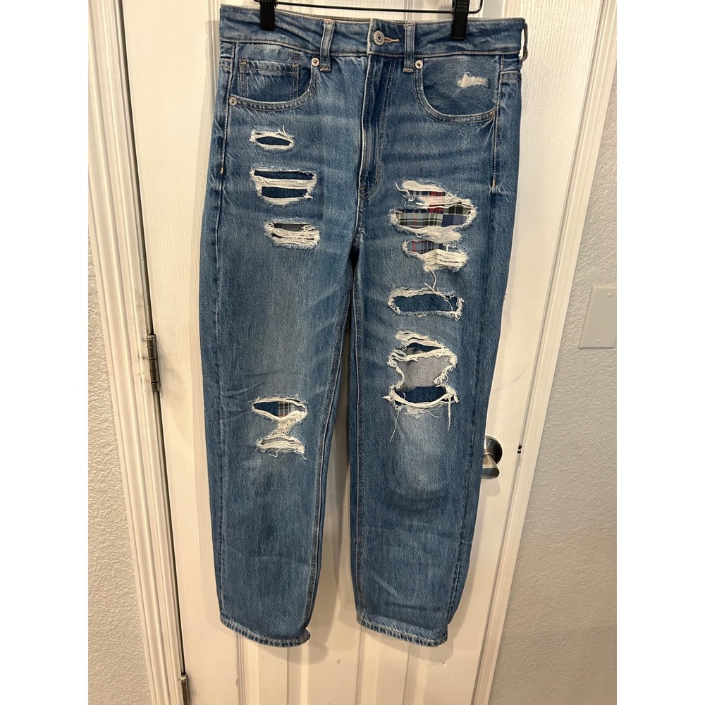 American Eagle Mom Jeans Blue Plaid Patchwork Distressed Ripped Denim 6 Regular